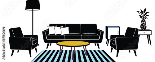 Modern living room interior with sofa and armchairs, stylish furniture arrangement, minimal home decor, flat vector illustration design