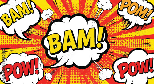 Retro Comic Book BAM Explosion Sound Effect on Vibrant Halftone Background