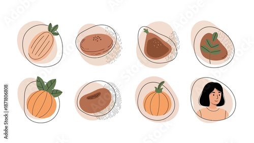 A woman surrounded by illustrations of various pumpkins and chocolate in a minimalist style