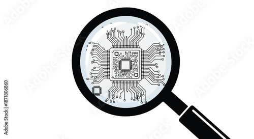 Magnifying Glass Inspecting CPU Computer Microchip and Circuitry Board Concept
