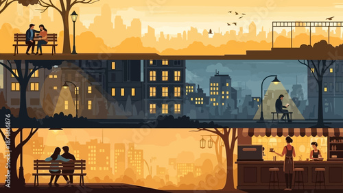 Urban landscape illustration depicting people relaxing on benches at sunset with cityscape background