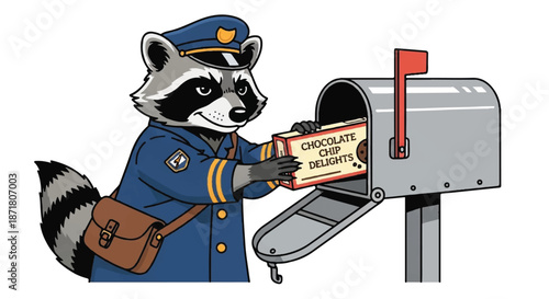 Raccoon Pos Officer Character Putting Cookie Box in Mailbox Cartoon