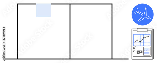 Travel management, airline services, trip planning, data analysis, corporate logistics, reporting. Airplane icon beside clipboard with graph and chart. Travel management and airline services concept