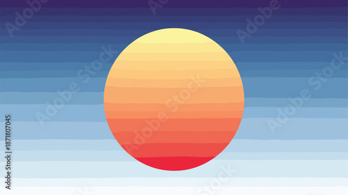 Modern abstract vector illustration of a large layered sun with warm orange gradients centered on a cool blue and white horizontal striped background.