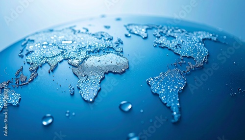Blue world map outlined by sparkling water droplets, representing global water resources and environmental sustainability.