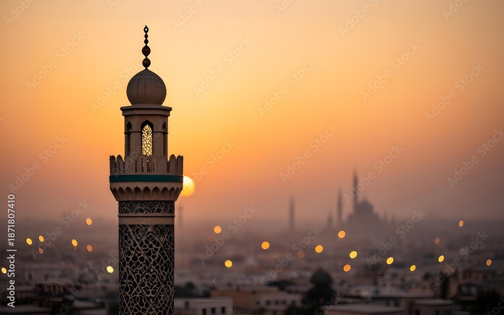 Obraz premium Minaret of a mosque at sunset in Cairo, Egypt, with a beautiful orange sky and city lights in the background.