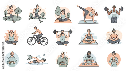 Various individuals engaging in diverse fitness activities in serene environments from different viewpoints