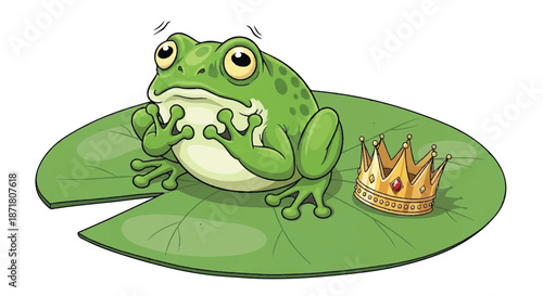 Nervous Green Frog Character Looking at Golden King Crown on Lily Pad