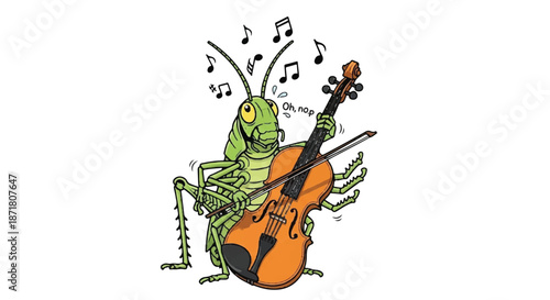 Musical Grasshopper Character Playing Violin Cello Musical Instrument Cartoon