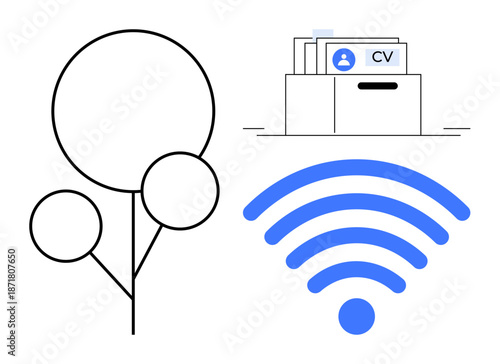 Technology theme. Technology ed through minimal tree design, wireless icon, and digital CV storage. Technology supporting connectivity and data sharing. For innovation, communication, work, networks
