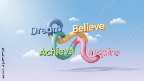 Inspiring words floating in the sky, symbolizing motivation and positivity under a clear blue sky with fluffy clouds.