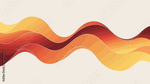 Vibrant wavy lines of orange, red, and yellow hues flowing across a white background, creating a sense of dynamic movement and energy from a straightforward viewpoint.