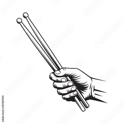 A hand firmly gripping a pair of drumsticks in a black and white sketch