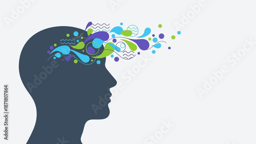 Creative thought process visualized through colorful abstract shapes emanating from a human head silhouette