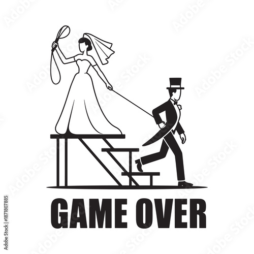 Bride leading groom on a leash symbolizing a shift in traditional roles