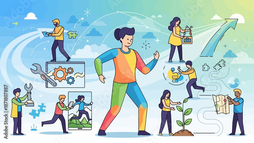 Vibrant people working together in a collaborative environment with various tools and technology