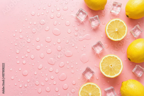Top view photo of cut and whole yellow lemons ice cubes water drops on isolated pastel pink background with blank space on the left