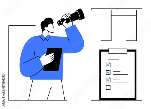 Business strategy, goal setting, planning, workplace organization, vision, productivity. Person holding a tablet and using a telescope, checklist with tasks. Goal setting and vision concept