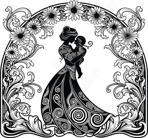 Mother holding child silhouette inside ornate floral frame, loving parenthood concept, elegant black and white decorative illustration