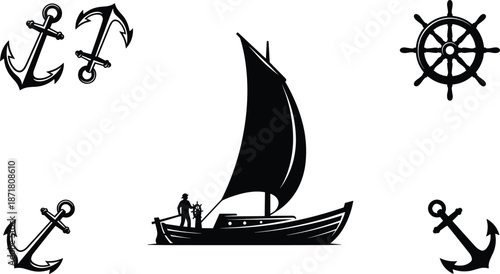 Nautical, sailing, boat, silhouette, with, anchors, helm, wheel, maritime, symbols, isolated, white, background, vintage, sea, illustration, vector, set, collection, icons
