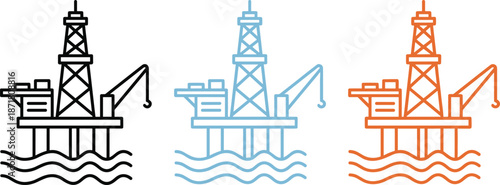Offshore oil rig icons set, drilling platform line illustration, petroleum industry symbols, energy production concept, industrial infrastructure, isolated white background