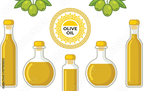 Olive oil bottle collection, extra virgin cooking oil set, glass containers with olives, healthy food, flat vector illustration