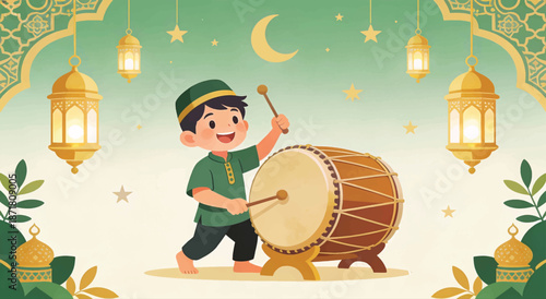 Muslim Boy Hitting Bedug Traditional Drum for Ramadan and Eid Celebration