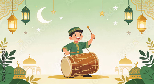 Muslim Boy Hitting Bedug Traditional Drum for Ramadan and Eid Celebration