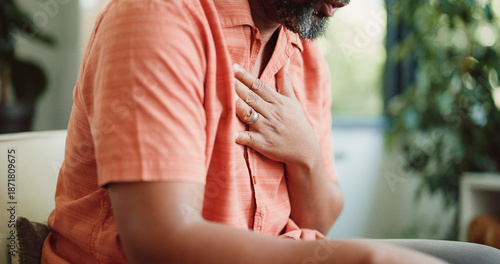 Quadro su tela Sick, chest pain and mature man in home with cough, infection or breathing issue from lung virus