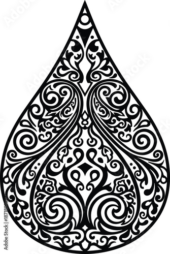 Ornate teardrop paisley ornament with floral filigree details, decorative ethnic motif, black and white vector illustration design