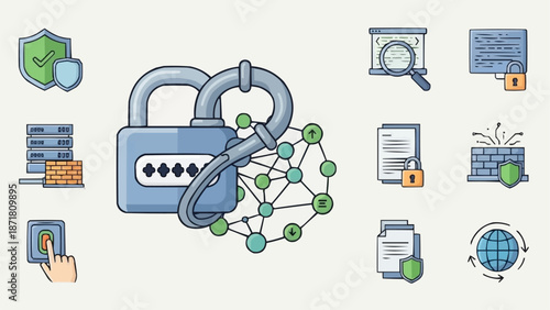 Digital Security Icons Representing Data Protection and Network Safety.