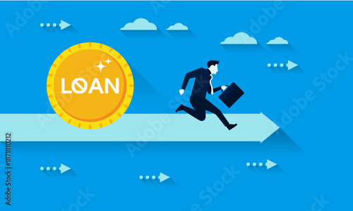 Businessman running towards loan symbol on arrow.
