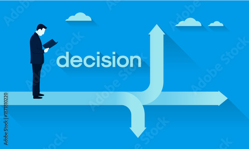 Man standing at crossroads contemplating a decision with arrows pointing in different directions.