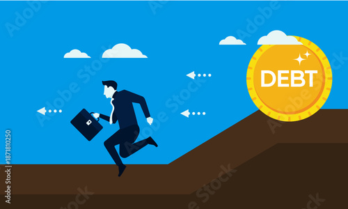 Man running away from debt coin on a hill.