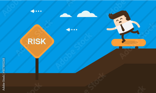 Businessman on Skateboard Facing Risk Sign Danger Ahead.