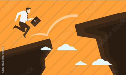 Businessman bravely leaps across a wide chasm towards a new opportunity.