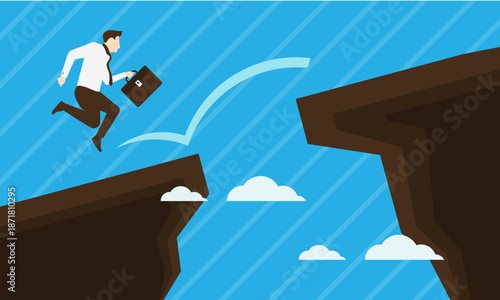 Businessman bravely jumping across a wide chasm towards success.