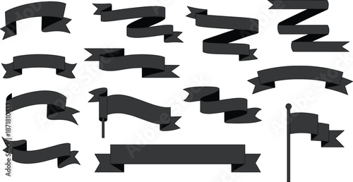 Black ribbon banner collection, decorative scroll labels, flat vector illustration, vintage style design elements set