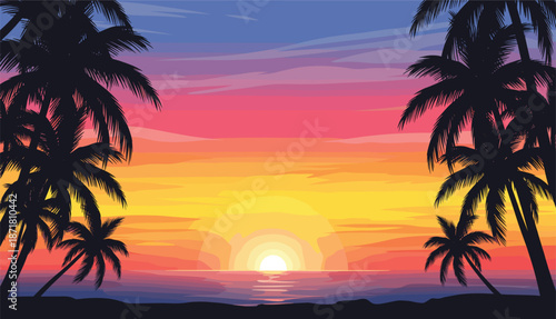 Tropical beach sunset vector background with palm tree silhouettes framing a vibrant pink and orange ocean horizon.