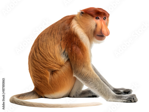 Proboscis Monkey Sitting Quietly with Prominent Nose and Orange Fur Isolated on Transparent Background