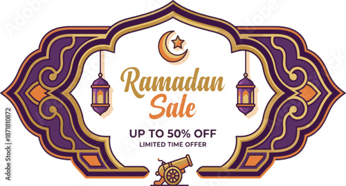 Ramadan Sale Banner with Purple Islamic Ornament and Traditional Cannon