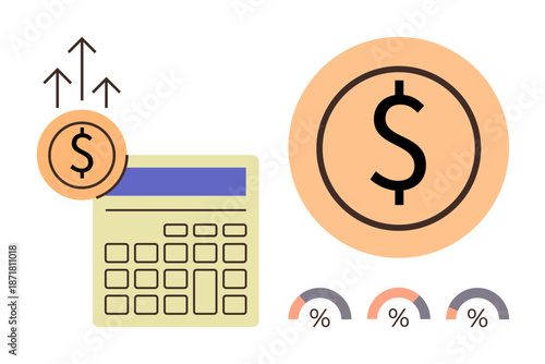 Economic growth, financial management, investment analysis, budgeting, cost calculation, profit visualization. Dollar symbol, calculator percentage charts and growth indicators. Financial growth