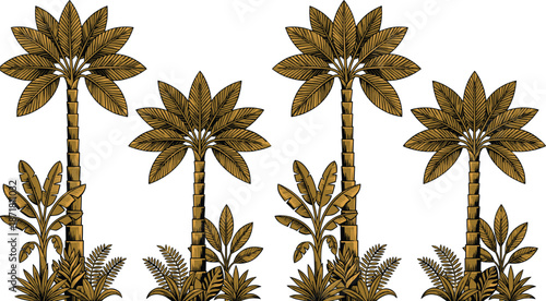 Golden tropical palm tree collection, exotic jungle plants illustration, vintage botanical vector set, nature landscape design elements