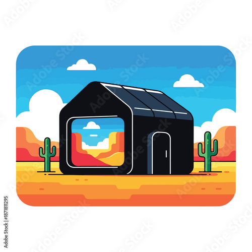 Black Modern Futuristic Desert Shelter Building.