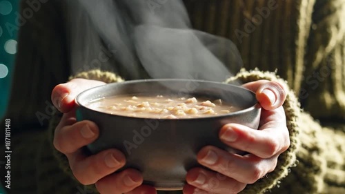 Close-up of hands holding a steaming bowl of warm oatmeal on a cold day.