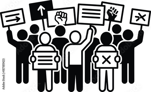 People protest silhouette icon, crowd demonstration illustration, human rights activism symbol, protest rally pictogram, social movement group icon