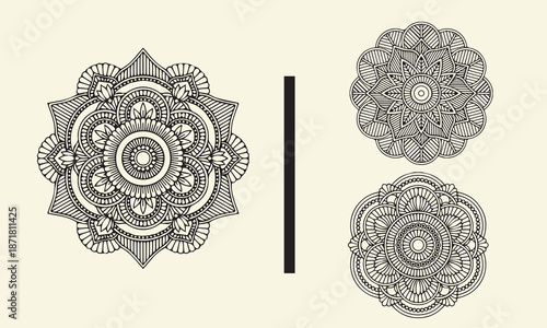 Hand-drawn floral and abstract doodle mandala circular ornaments. Vector bundle.