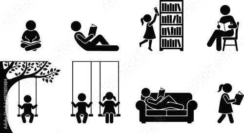 People reading books pictogram set, children and adults leisure activities, education and learning icons, black silhouette vector illustration
