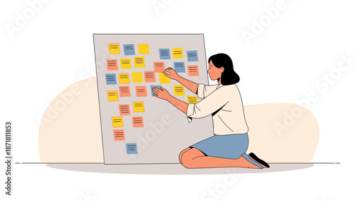 Woman planning with sticky notes on a board, business strategy, agile methodology