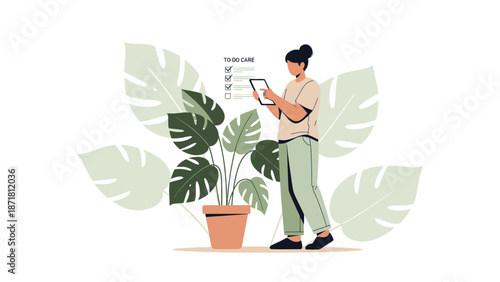 Woman with Tablet Checks Plant Care List Next to Potted Monstera Plant